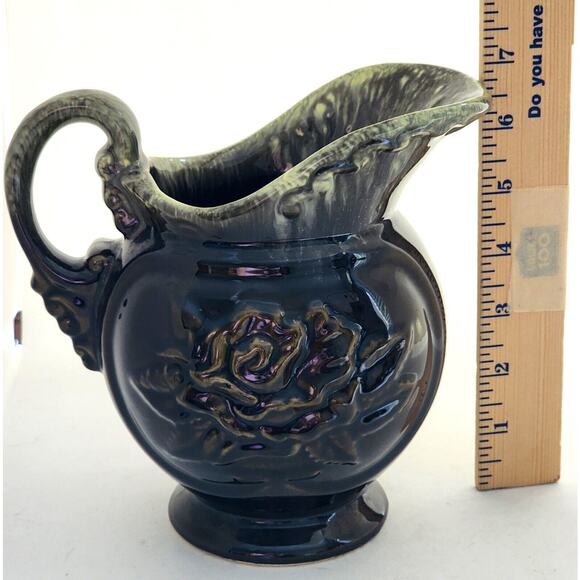 HULL POTTERY-PITCHER-VASE-Brown/Green Drip Glaze-Embossed-Large Pouring Lip - Picture 9 of 10